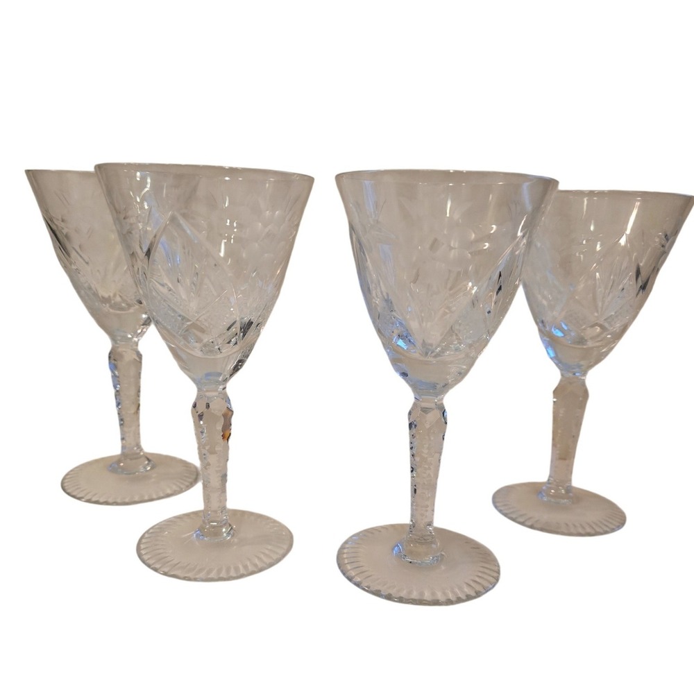 Vintage Crystal Clear industries Etched and Cut Wine Glass Set of 4 Stem 6"